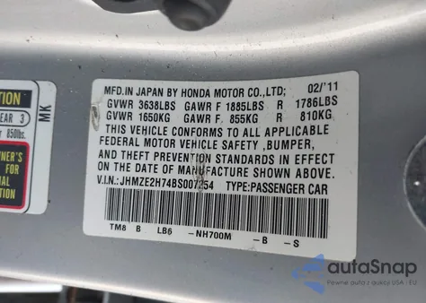 2011 Honda Insight Ex from USA, damaged, VIN JHMZE2H74BS007254